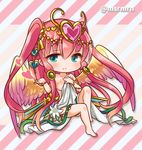  angel_wings aqua_eyes bare_legs breasts chibi covering covering_breasts flower headdress heart marshmallow_mille medium_breasts pink_hair puzzle_&amp;_dragons sitting smile solo striped striped_background twitter_username two_side_up venus_(p&amp;d) wings 