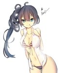 aqua_eyes bikini black_hair blouse breasts cleavage curly_hair finger_to_mouth front-tie_top hair_between_eyes large_breasts long_hair looking_at_viewer namu_(ratias7777) navel original side_ponytail sleeveless_blouse solo striped striped_bikini swimsuit tongue tongue_out white_blouse 