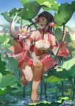  :d bad_id bad_pixiv_id bare_shoulders black_hair ching_nu_yu_hun ching_nu_yu_hun_2 day detached_sleeves dress flower hair_flower hair_ornament holding leaf leaning_forward light_particles long_sleeves looking_away lotus open_mouth original pink_hair shade shoes short_dress signature sky smile solo standing standing_on_one_leg thigh_gap wading water water_drop wide_sleeves yuukaku 