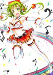  bow breasts copyright_name detached_sleeves gloves goggles green_eyes green_hair gumi highres keepout large_breasts looking_at_viewer miniskirt navel running shoes short_hair_with_long_locks skirt smile solo star thighhighs vocaloid white_background white_gloves white_legwear zettai_ryouiki 