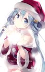  aqua_eyes aqua_hair bell christmas collar hair_bell hair_ornament hat hatsune_miku highres jingle_bell lf long_hair looking_at_viewer merry_christmas santa_costume santa_hat simple_background solo twintails very_long_hair vocaloid white_background 