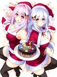  blush breasts brown_eyes cake christmas cleavage cu-no food hat hisenkaede huge_breasts long_hair merry_christmas multiple_girls purple_eyes purple_hair rapua_qive santa_costume santa_hat silver_hair thighhighs yayoi_sakura 