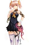  hair_ribbon highres looking_at_viewer naemperor original pink_eyes pink_hair ribbon short_twintails simple_background solo thighhighs twintails white_background yellow_ribbon 