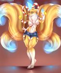  breasts clothed clothing digimon doomthewolf female half-dressed looking_at_viewer multiple_tails renamon solo topless 