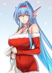  bad_id bad_pixiv_id blue_background blue_eyes blue_hair blush gradient gradient_background head_fins headband jewelry lintanghaseo long_hair looking_at_viewer original pendant sack santa_costume simple_background solo very_long_hair white_background 