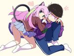  1girl animal_ears black_hair cat_ears green_eyes hashimoto_nyaa hood hoodie jitome kotomuke_fuurin matsuno_ichimatsu messy_hair multicolored_hair osomatsu-kun osomatsu-san pink_hair skirt smile streaked_hair tail 