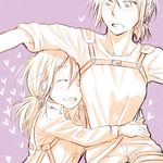  blush buckle christa_renz hair_between_eyes heart height_difference hug low_ponytail monochrome multiple_girls purple_background shakeda_mamoshirou shingeki_no_kyojin short_hair surprised ymir_(shingeki_no_kyojin) yuri 