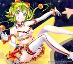  breasts copyright_name detached_sleeves gloves green_eyes green_hair gumi headphones keepout large_breasts looking_at_viewer miniskirt short_hair_with_long_locks skirt smile solo star thighhighs vocaloid white_gloves white_legwear 