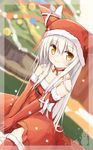  bare_shoulders blurry christmas_ornaments christmas_tree commentary_request depth_of_field dress elbow_gloves gloves hat hat_with_ears long_hair looking_at_viewer original red_dress red_gloves red_legwear santa_costume santa_hat silver_hair smile solo thighhighs v_arms very_long_hair yellow_eyes yuuhagi_(amaretto-no-natsu) zettai_ryouiki 