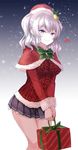  asle bad_id bad_pixiv_id bell blue_eyes blue_skirt blush bow bowtie capelet christmas fur_trim gift green_bow green_neckwear hair_bell hair_ornament hands_together hat holding holding_gift kantai_collection kashima_(kantai_collection) long_sleeves looking_at_viewer pleated_skirt santa_hat short_hair silver_hair simple_background skirt smile snowflakes snowing solo standing sweater two_side_up v_arms 