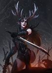 antlers armor armored_boots artist_name black_hair black_lipstick blue_eyes boots circlet dagger gauntlets gorget hands lipstick long_hair makeup pale_skin pointy_ears shorts shoulder_armor snow solo spaulders spine tree weapon xiaoguimist 