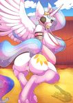  2015 anthro anthrofied anus areola big_breasts bit_gag breasts butt cloud cutie_mark equine feathered_wings feathers female friendship_is_magic fur gag hair horn kneeling long_hair looking_at_viewer mammal multicolored_hair my_little_pony nipples outside princess_celestia_(mlp) pussy pussy_juice rope seamen solo white_fur winged_unicorn wings 