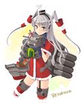  amatsukaze_(kantai_collection) artist_name bad_id bad_pixiv_id blush brown_eyes christmas commentary_request dress garter_straps gift hair_ornament hair_tubes headgear highres kantai_collection long_hair looking_at_viewer rensouhou-kun retorillo santa_costume scarf short_dress silver_hair simple_background smile solo striped striped_legwear thighhighs two_side_up 