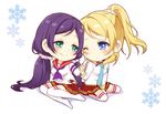  ayase_eli between_legs blonde_hair blue_eyes blush chibi finger_to_cheek green_eyes hand_between_legs hazuki_natsu heart love_live! love_live!_school_idol_project multiple_girls necktie no_shoes one_eye_closed ponytail purple_hair school_uniform serafuku sitting skirt smile snowflakes thighhighs toujou_nozomi twintails wariza yokozuwari yuri zettai_ryouiki 