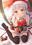  bell bell_collar christmas collar hat hyuuga_azuri long_hair looking_at_viewer original red_eyes ribbon santa_costume santa_hat silver_hair solo thighhighs 