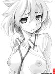  blush breasts gofu greyscale kosegawa_shiromi looking_at_viewer medium_breasts miyamori_school_uniform monochrome nipples open_clothes open_mouth open_shirt partially_undressed saki shirt short_hair sketch solo spot_color traditional_media white_hair 