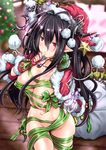  antenna_hair bandaged_arm bandages bauble black_hair blush breasts christmas christmas_tree cleavage covered_nipples cowboy_shot crescent danua doll draph fingerless_gloves fur_trim gloves glowing glowing_eyes granblue_fantasy green_ribbon hair_between_eyes hat holding horn_ornament horns indoors jewelry kimura_neito large_breasts long_hair looking_at_viewer naked_ribbon navel necklace pointy_ears pom_pom_(clothes) red_eyes red_gloves red_hat ribbon sack santa_costume santa_hat solo star thumb_sucking wooden_floor 