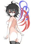  ass asymmetrical_wings black_hair black_legwear blue_wings breasts from_behind heart houjuu_nue looking_at_viewer looking_back nipples nude red_eyes red_wings ririfu short_hair simple_background sketch small_breasts solo thighhighs touhou white_background wings 