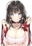  ahoge black_hair blue_eyes blush breasts choker cleavage clenched_teeth frills jewelry kanojo_(ogino_atsuki) large_breasts long_hair looking_at_viewer necklace ogino_atsuki original ribbon simple_background solo teeth 