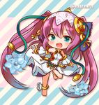  anklet aqua_eyes barefoot bracelet chibi detached_sleeves diagonal_stripes jewelry lakshmi_(p&amp;d) marshmallow_mille outstretched_arms purple_hair puzzle_&amp;_dragons solo spread_arms striped striped_background twintails twitter_username 