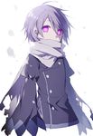  androgynous glowing glowing_eyes hijiri_(resetter) looking_at_viewer original purple_eyes purple_hair scarf short_hair silver_hair simple_background sleeves_past_wrists snow solo torn_clothes upper_body white_background 