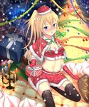  black_legwear blonde_hair blue_eyes blush breasts christmas christmas_tree cleavage fuuro_(johnsonwade) gift hat heterochromia highres looking_at_viewer medium_breasts original purple_eyes santa_costume santa_hat snow solo thighhighs zettai_ryouiki 