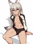  animal_ears arm_support collarbone expressionless fox_tail green_eyes kageshio_(276006) long_hair looking_at_viewer navel no_bra original shadow shorts silver_hair simple_background solo spread_legs tail 