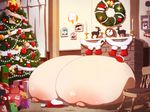  breasts christmas christmas_tree fireplace gigantic_breasts hat highres mnjs nipples original santa_hat solo what wreath 