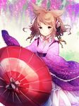  alternate_costume bangs blonde_hair bow brown_eyes brown_hair earmuffs earrings flower japanese_clothes jewelry kimono light_smile looking_at_viewer makuwauri oriental_umbrella pointy_hair sash short_hair smile solo tassel touhou toyosatomimi_no_miko umbrella wisteria 