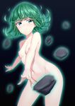  black_background blue_eyes breasts convenient_censoring floating_rock green_hair kai_(link2262) nipples nude one-punch_man short_hair simple_background small_breasts solo tatsumaki telekinesis 