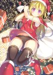  black_panties blonde_hair box christmas crotch_seam frilled_panties frills gift gift_box hat hatsuki_kaname long_hair original panties pantyshot purple_eyes sack santa_costume santa_hat solo thighhighs underwear 