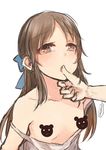  blush bow brown_eyes brown_hair censored hair_bow hinagi_(fox_priest) idolmaster idolmaster_cinderella_girls long_hair open_mouth pov solo_focus tachibana_arisu 