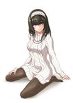  aran_sweater black_hair blue_eyes blush breasts dress hairband idolmaster idolmaster_cinderella_girls kaoru348 long_hair medium_breasts no_shoes pantyhose ribbed_sweater sagisawa_fumika sitting solo sweater sweater_dress turtleneck wariza white_background 