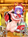  bag boots breasts cape capelet christmas gloves grin hat hat_ribbon heart heart-shaped_pupils highres kuranosuke large_breasts nagae_iku naked_cape navel nipples purple_hair pussy red_eyes red_footwear red_gloves ribbon santa_hat see-through sitting smile solo spread_legs symbol-shaped_pupils thigh_boots thighhighs touhou 