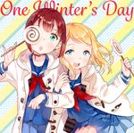  :d :o ancotaku ayase_arisa bangs blonde_hair blue_eyes blush candy coat covering_one_eye diagonal_stripes food green_eyes kousaka_yukiho locked_arms lollipop long_hair love_live! love_live!_school_idol_project multiple_girls open_clothes open_coat open_mouth pleated_skirt polka_dot polka_dot_background red_hair school_uniform serafuku short_hair skirt smile striped striped_background swept_bangs 