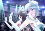  anastasia_(idolmaster) back-to-back bare_shoulders blue_eyes breasts brown_eyes brown_hair dress elbow_gloves gloves hat idolmaster idolmaster_cinderella_girls long_hair love_laika medium_breasts multiple_girls nitta_minami pantyhose pure_white_memories s.h.v short_hair silver_hair smile 