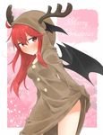  animal_costume antlers blush demon_girl demon_wings dress dress_lift gloves head_wings hood koakuma long_hair merry_christmas nobamo_pieruda red_eyes red_gloves reindeer_antlers reindeer_costume sleeves_past_wrists smile solo thighs touhou wings 