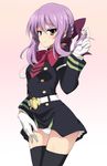  brown_eyes hiiragi_shinoa long_hair military military_uniform ouhashi owari_no_seraph panties pantyshot purple_hair skirt smile solo thighhighs underwear uniform white_panties 