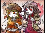  2girls animal_ears black_border blonde_hair blush_stickers border bow bowtie bunny_ears bunny_tail coat dango dress finger_to_mouth flat_cap flying_sweatdrops food hat kishin_sagume looking_at_another looking_away multicolored_eyes multiple_girls orange_shirt pink_eyes red_eyes ringo_(touhou) shirt silver_hair single_wing squiggle suenari_(peace) sweatdrop tail touhou wagashi wings yellow_eyes 