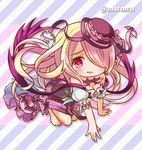  all_fours barefoot blonde_hair chibi diagonal_stripes hair_over_one_eye hat marshmallow_mille off_shoulder pandora_(p&amp;d) puffy_sleeves puzzle_&amp;_dragons red_eyes solo striped striped_background twitter_username 