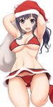  :d absurdres armpits arms_up ass_visible_through_thighs bikini blue_eyes blue_hair breasts christmas commentary_request hat highres imai_midori inanaki_shiki large_breasts md5_mismatch open_mouth sack santa_hat shirobako side-tie_bikini smile solo string_bikini swimsuit 