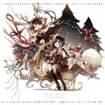  antlers asymmetrical_wings bag black_gloves black_hair boots box brown_hair cape christmas closed_eyes dress elbow_gloves gift gift_box gloves hat hisona_(suaritesumi) houjuu_nue merry_christmas multiple_girls murasa_minamitsu open_mouth polearm red_dress red_gloves reindeer_antlers santa_costume santa_hat sleigh smile snake touhou trident weapon wings 