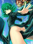  ass bad_id bad_pixiv_id black_dress blue_sky cloud day dress from_below green_eyes green_hair hijikawa_arashi long_sleeves no_panties one-punch_man outstretched_arms side_slit sky smile solo tatsumaki thighs upskirt wide_sleeves 