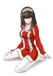  alternate_color aran_sweater black_hair blue_eyes blush breasts christmas dress hairband idolmaster idolmaster_cinderella_girls kaoru348 long_hair medium_breasts pantyhose sagisawa_fumika sitting solo sweater sweater_dress turtleneck wariza white_background 