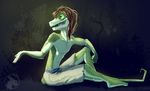  absurd_res anthro brown_hair clothed clothing drake_searas green_eyes hair half-dressed happy hi_res lizardman lostshade male outside partially_clothed scalie sitting solo topless wood 