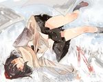  atoki black_hair bow brown_eyes dress flying hair_bow hakurei_reimu multiple_girls newspaper open_mouth red_dress scarf shameimaru_aya shirt skirt smile snowing touhou upside-down 