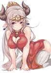  aliza_(granblue_fantasy) bad_hands blush breasts chinese_clothes cleavage cleavage_cutout draph dress earrings granblue_fantasy heo horns jewelry kneeling large_breasts long_hair looking_at_viewer pointy_ears ponytail red_dress red_eyes silver_hair simple_background solo thighhighs white_background white_legwear 