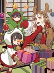  :d albino animal_costume antlers bauble bell black_eyes black_hair blonde_hair boots box bucket child christmas christmas_ornaments christmas_tree_costume gift gift_box gintama gloves green_eyes hairband hands_on_another's_cheeks hands_on_another's_face hangleing hat holly indoors japanese_clothes katsura_kotarou kneehighs long_hair long_sleeves male_focus multiple_boys object_on_head open_mouth red_eyes red_hat red_scarf reindeer_antlers reindeer_costume ribbon sakata_gintoki santa_costume santa_hat scarf silver_hair sitting sitting_on_lap sitting_on_person sliding_doors smile snowman_costume standing string takasugi_shinsuke tatami white_legwear wooden_floor yoshida_shouyou younger 