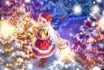  blush boots capelet christmas christmas_tree dress gift hat highres long_hair maruyama-jp original red_eyes sack santa_hat scarf smile snow snowman solo white_hair 