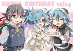  2girls bag birthday blue_hair brown_eyes brown_hair cupcake family father_and_daughter fire_emblem fire_emblem_if food gradient_hair hair_over_one_eye hetero husband_and_wife lazward_(fire_emblem_if) momosemocha mother_and_daughter multicolored_hair multiple_girls pieri_(fire_emblem_if) red_eyes soleil_(fire_emblem_if) twintails 